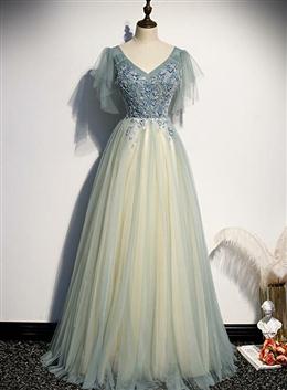 Picture of Lovely Tulle with Beaded V-neckline Long Party Dresses, A-line Formal Dresses Evening Dresses